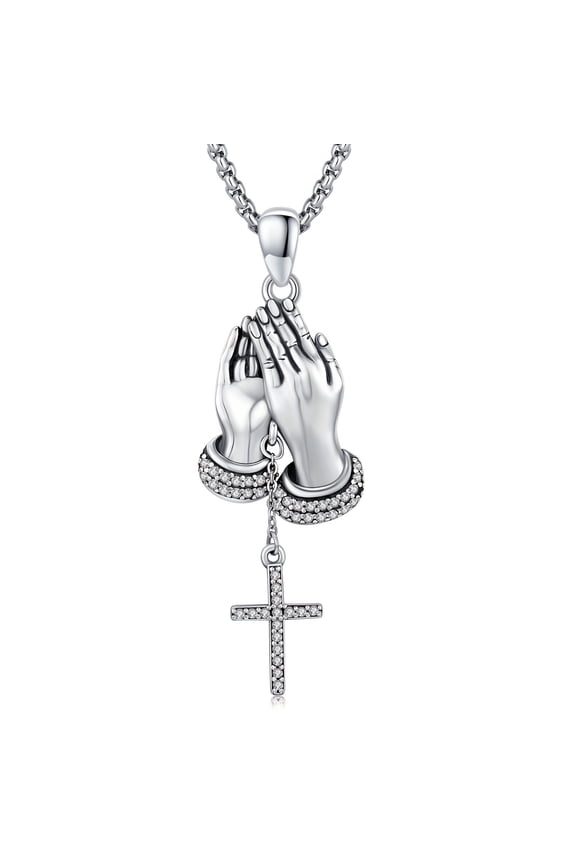 Prayer Hand Necklace 925 Sterling Silver Prayer Necklace with Cross Pendant Necklace Christian Jewelry Gifts for Men and Women,Silver
