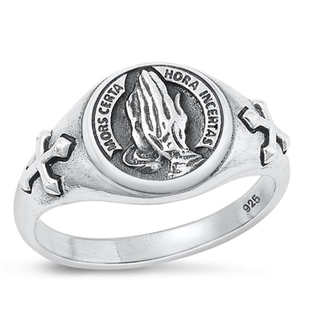 Prayer Hands Mors Certa Hora Incertas Ring .925 Sterling Silver Band Jewelry Female Male Size 8