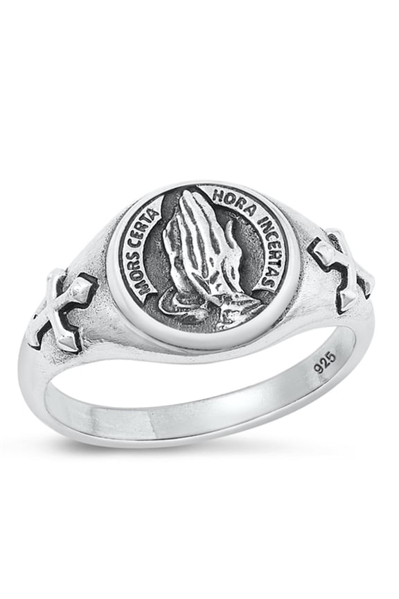 Prayer Hands Mors Certa Hora Incertas Ring .925 Sterling Silver Band Jewelry Female Male Size 9