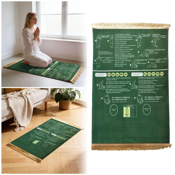 Prayer Mat with English Instructions and Arabic Recitation, Thick Padded Non Slip Rug for Learning Salah at Home, Mosque, or Travel