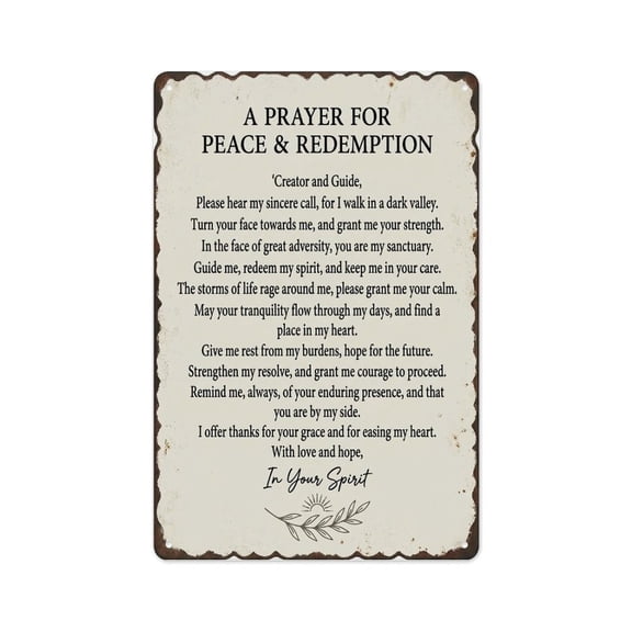 A Prayer For Peace & Redemption Inspirational Vintage Print Metal Tin Sign Wall Decor Art Vintage Room Decoration Tin Painting Poster for Home Man Cave Bar Cafe Store Garage Or Club 12x8 In