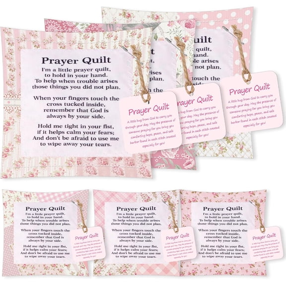 Prayer Quilt with Cross Inside - 6Pack Pink Mini Pocket Prayer Quilt Square with Scripture Poem, Handmade Faith Religious Church for Christian Pastor Cancer Patients Familes