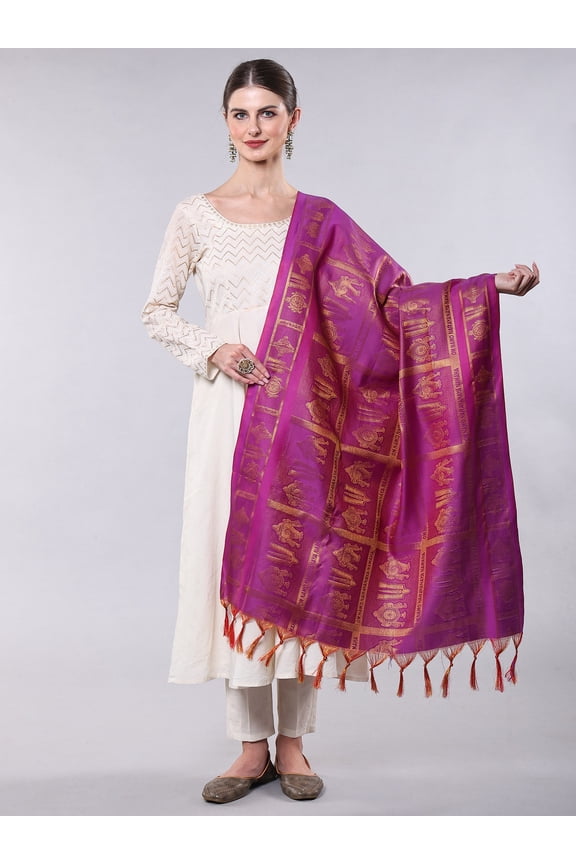 Prayer Shawl with Woven Om Namo Narayanaya Namah and Vaishnava Symbols from Tamil Nadu – Bright Violet