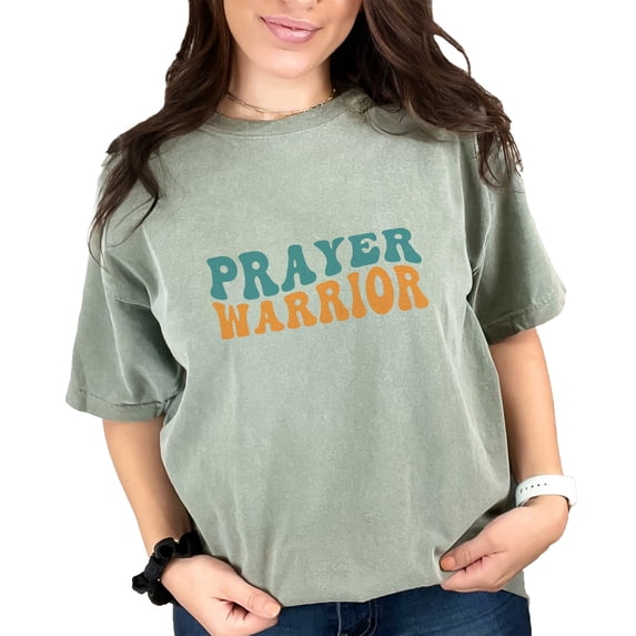 Prayer Warrior, Praying Ministry or Intercessor Themed, Groovy Retro Wavy Text, Moss Comfort Colors T-Shirt, Large