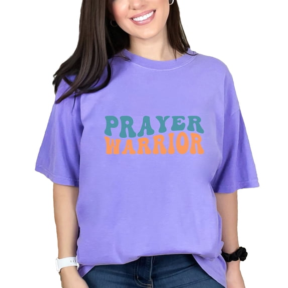 Prayer Warrior, Praying Ministry or Intercessor Themed, Groovy Retro Wavy Text, Violet Comfort Colors T-Shirt, 2XL