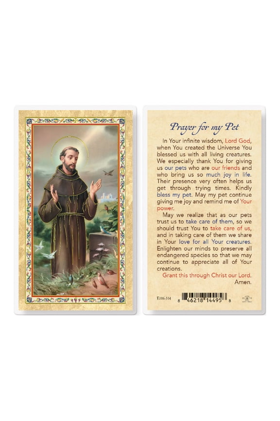 Prayer for my Pet - St. Francis Gold-Stamped Laminated Catholic Prayer Holy Card with Prayer on Back, Pack of 25
