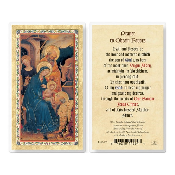 Prayer to Obtain Favors - Christmas Gold-Stamped Laminated Catholic Prayer Holy Card with Prayer on Back, Pack of 25