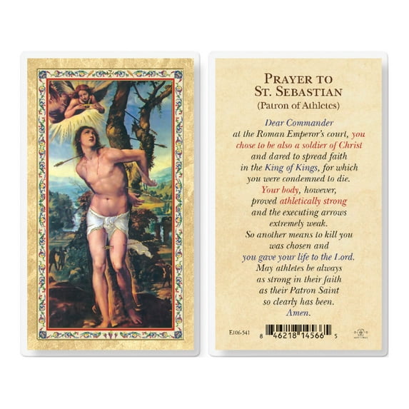 Prayer to St. Sebastian Gold-Stamped Laminated Catholic Prayer Holy Card with Prayer on Back, Pack of 25