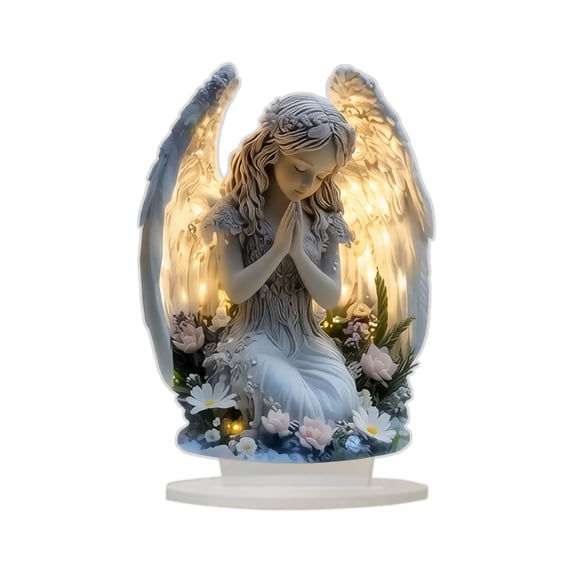 Praying Angel Acrylic Tabletop Sign, Glowing LED Angel Decor, Christmas Angel Figurine for Home Shelf Desk, Angel Statue Gift for Women for Holiday Bedroom Living Room Decoration