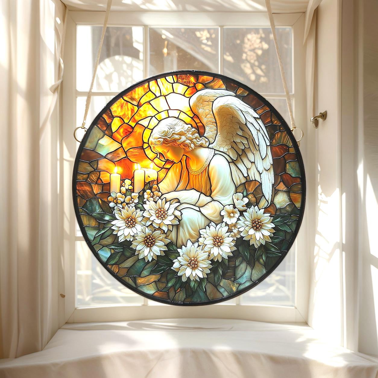 Praying Angel Faux Stained Glass Stained Glass With Candles And White Flowers â€“ Peaceful Window Hanging Spiritual Gift For Memorial Or Remembrance