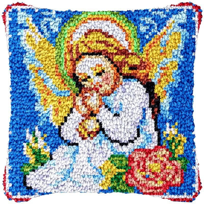 Praying Angel Girl Latch Hook Pillow Cover Kits for DIY Handmade Throw Pillow Cross Stitch Latch Hook Pillowcase Rug Cushion Kits with Preprinted Canvas Crochet Yarn Kits Needlework 17'' X 17''