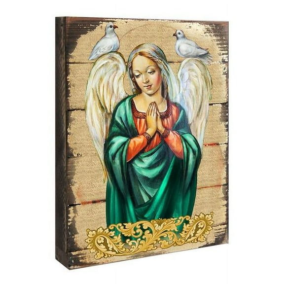 Praying Angel Icon Painting on Gold-Plated Wooden Block