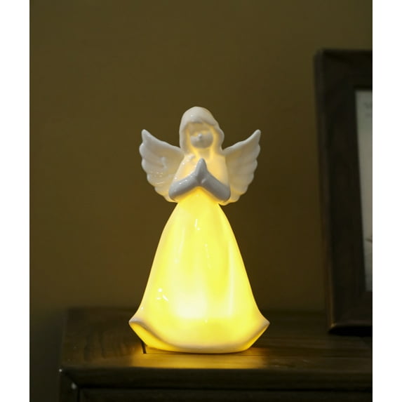 Praying Angel Porcelain Figurine with Light, White 7"H