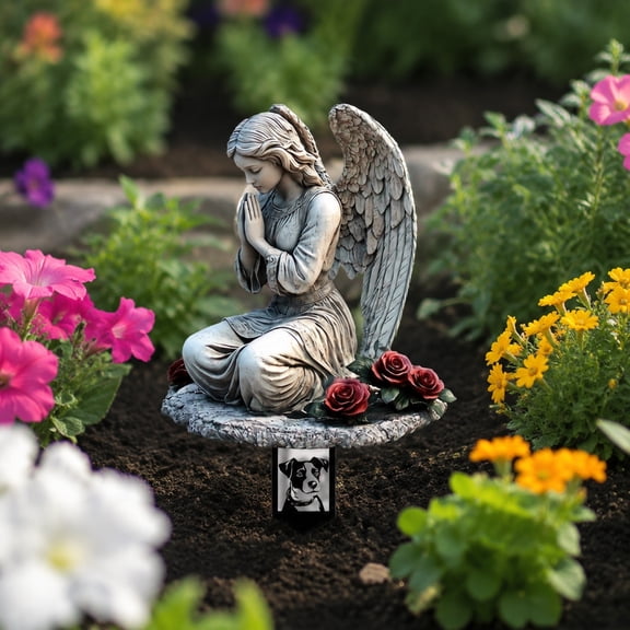 Praying Angel Solar Garden Stake Statue with Red Roses, Outdoor Memorial Lawn Yard Decor Light