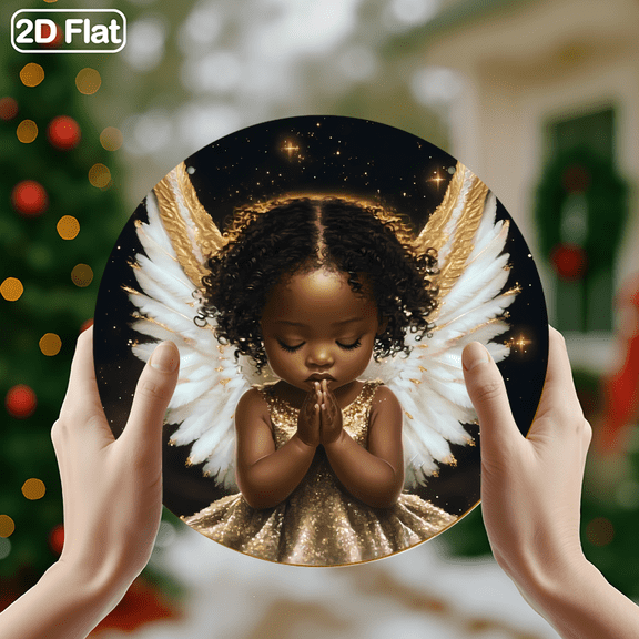 Praying Black Angel Child Gold & White Decor, 1pc, 8" Round Aluminum Wall Art Metal Signs, Wall Decor For Kitchen, Door, Office, Bedroom Decor, Best Gifts For Room, Home, Bathroom Decor, Weird