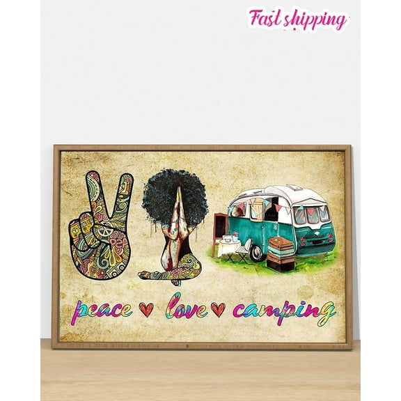 Praying Black Lady Peace Love Camping Poster Wall Art Horizontal 24 x 36 Inch Poster