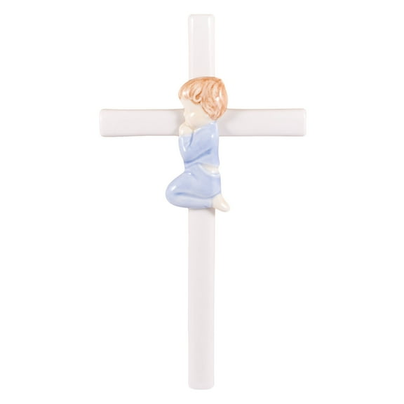 Praying Blue in Blue 7.5 Inch Hand-Painted Glazed White Porcelain Wall Cross
