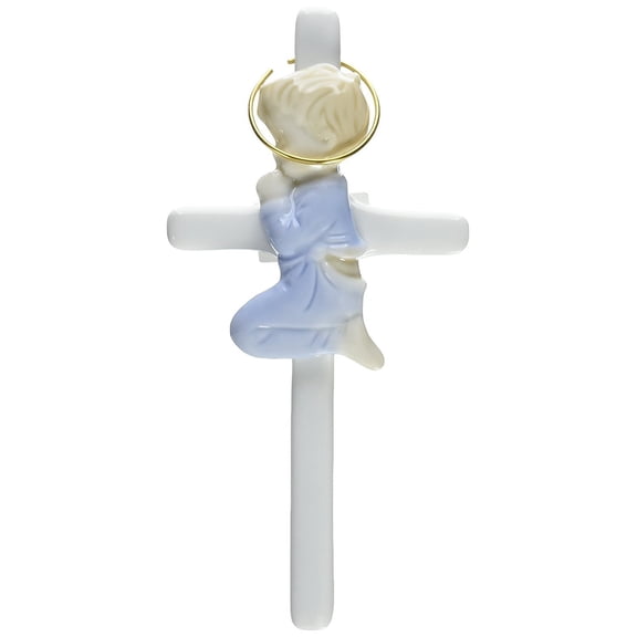 Cosmos R8001A Fine Porcelain Praying Boy on Cross Figurine, 5-Inch, Blue