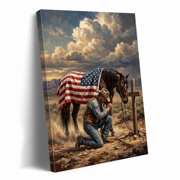 Praying Cowboy At The Cross American Flag Horse Wall Art Art Western Decor Rustic Country Christian Living Room, Unframed Paper Print