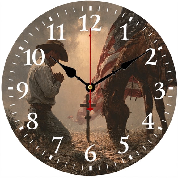 Praying Cowboy Wall Clock 9.84 Inch, Western Horse Christian Faith Battery Operated Analog Clock, Rustic Ranch Farmhouse Decor for Living Room Bedroom Office