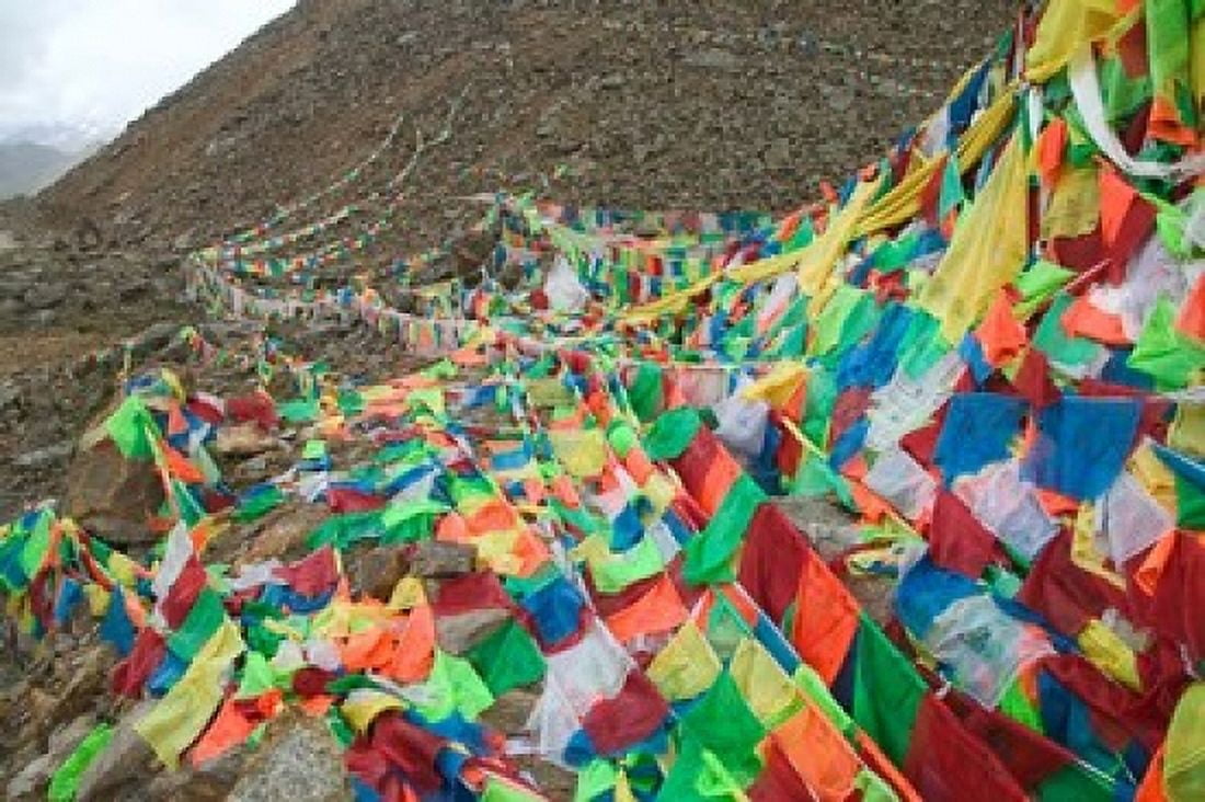 Praying Flags with Mt Quer Shan Tibet-Sichuan China Canvas Art - Keren Su DanitaDelimont (34 x 23)