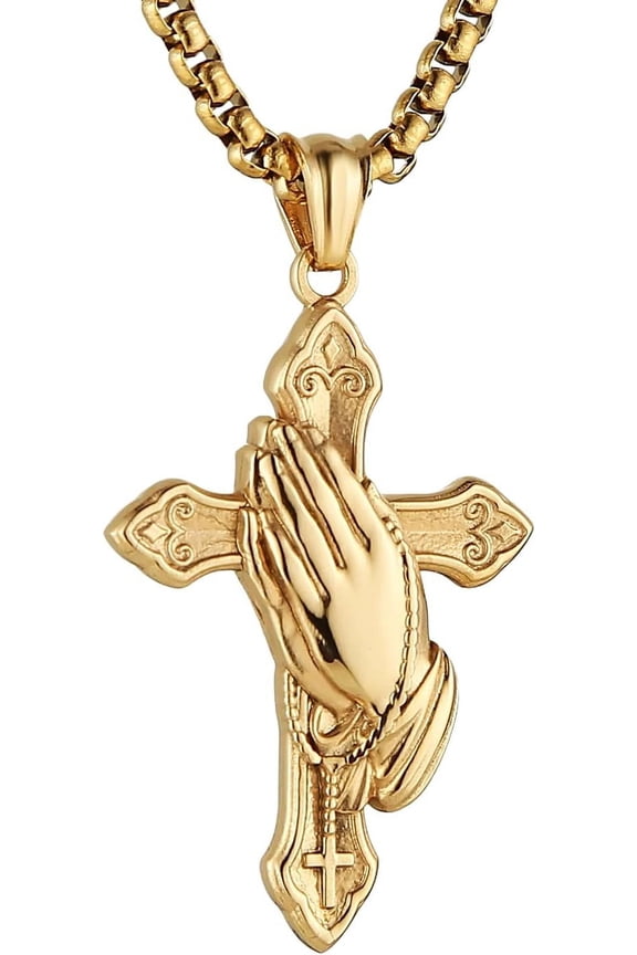 Praying Hand Cross Necklace for Men Stainless Steel Retro Small Prayer Hands Pendant Christian Jewelry Gift
