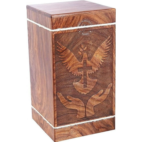 Praying Hand Large Handcarved Wooden Urn Box - Tree of Life Cremation Urn for Ashes -Burial Urn for Columbarium - Ashes Keepsake Urn (250 LB - Rosewood, Dove-3)
