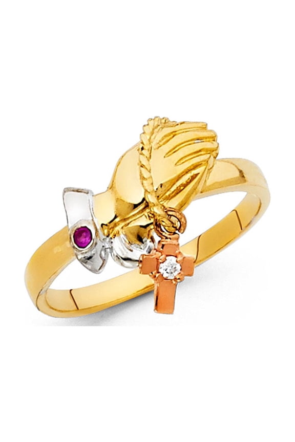 Praying Hands Cross Charm Ring Solid 14k Yellow White Rose Gold CZ Lords Prayer Band Religious, Size 6