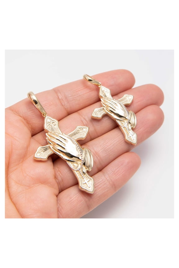 Praying Hands Cross Pendant Unisex Adult 10K Yellow White Gold, All Sizes - Goldum NYC