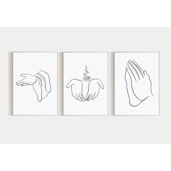 Praying Hands Line Art Modern Christian Illustration Religious Wall Decor Set 3 Unframed Paper Print 8x12