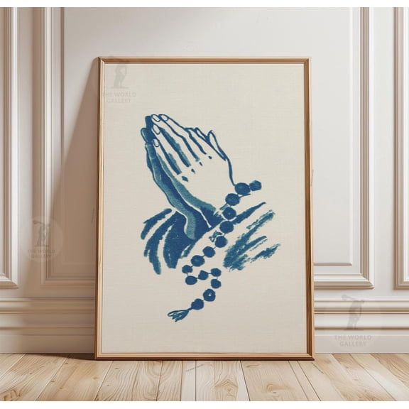 Praying Hands Minimal Blue Line Spiritual Poster Unframed Paper Print