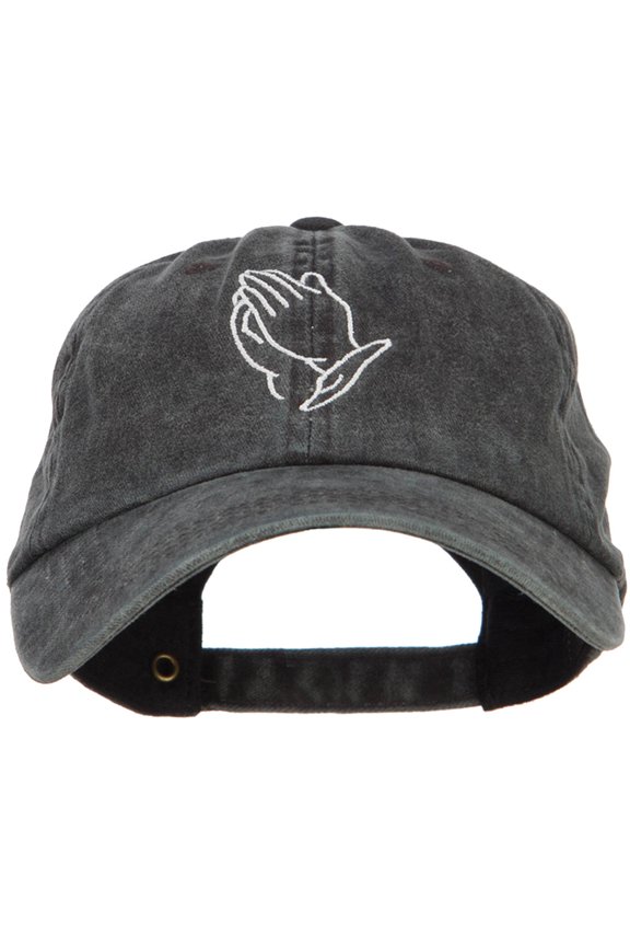 Praying Hands Outline Embroidered Washed Cotton Cap - Black OSFM