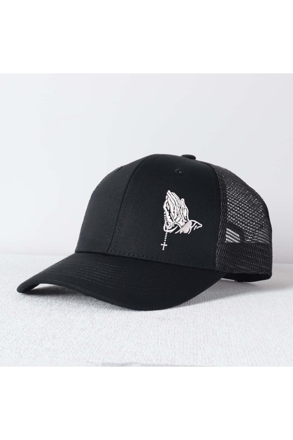 Praying Hands Rosary Beads Letter Embroidered Color Block Trucker Hat Unisex Adjustable Cotton Breathable Fashion Cap for Travel Daily Wear