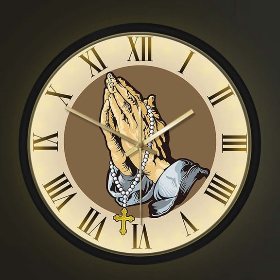 Praying Hands Rosary Round Wall Clock with Sound Control LED Night Light Prayer Hands Faith Christ Holy Bible Cross Church Hope Design Silent Timepieces