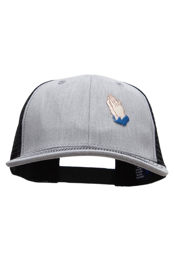 Praying Hands Symbol 6 Panel Structured Deluxe Trucker Cap - Heather Grey Black OSFM