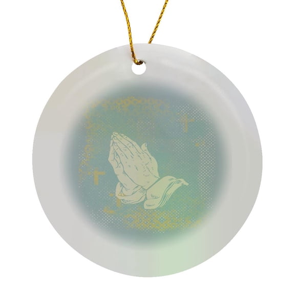 3drose, Praying Hands with Crosses, Blue, Cream and Sepia, Circle Porcelain Ornament