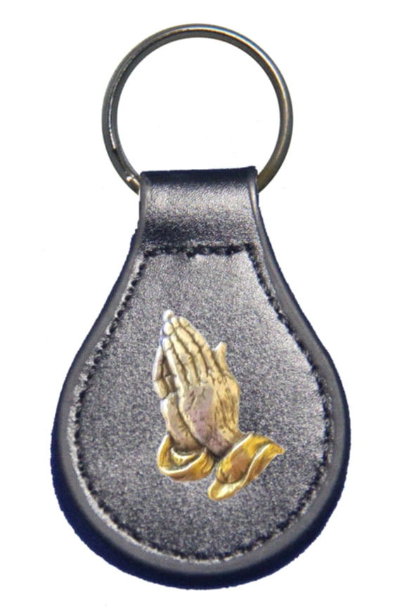 Praying Hands leather key fob or keychain Black