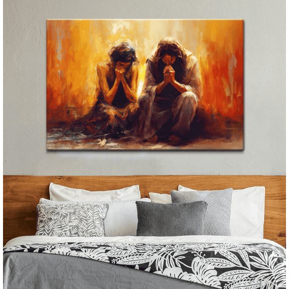 Praying with Jesus Christian Canvas Wall Art, Bible Verse Scripture Print, Inspirational Religious Wall Decor Gift