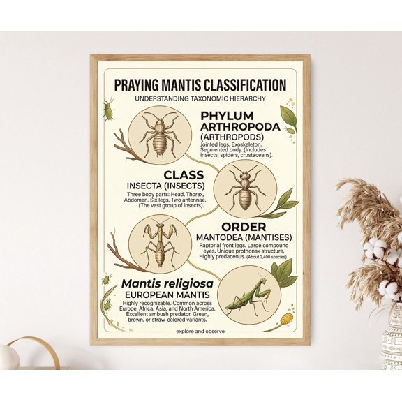 Praying Mantis Classification Wall Art Print, Unframed Paper Poster 8x10in