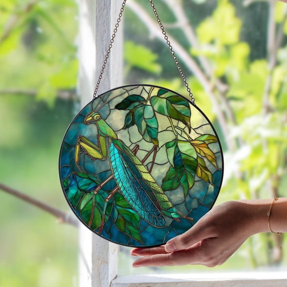 Praying Mantis Glass Suncatcher, Unique Nature Bug Art, Spiritual Garden Decor, 3.5 in