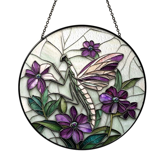 Praying Mantis Glass Suncatcher Window Hanging Decor, Purple Flower Insect Artwork, Vibrant Nature Inspired Home Accent