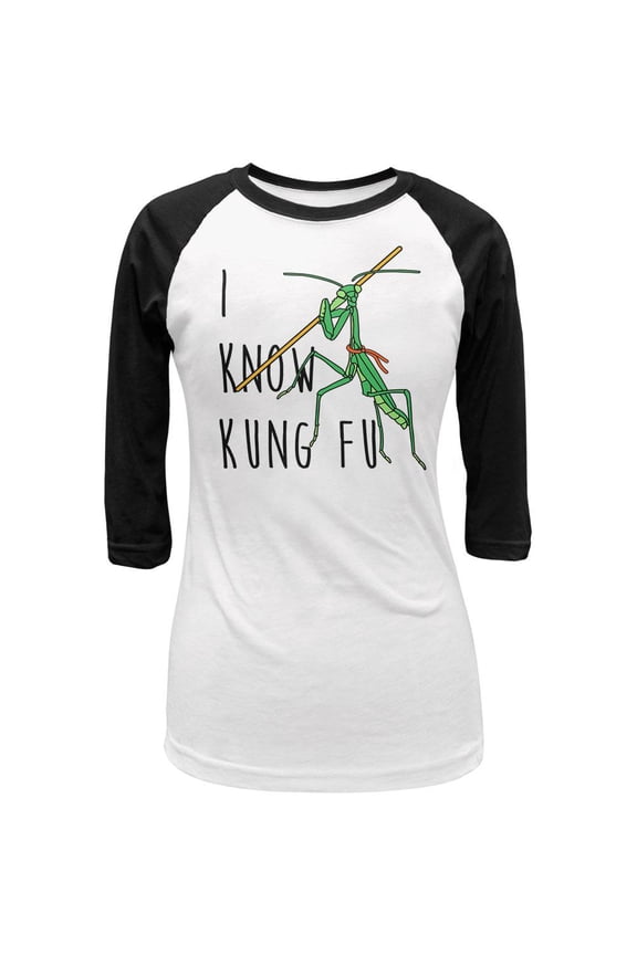 Praying Mantis I Know Kung Fu Juniors 3/4 Sleeve Raglan T Shirt White-Black MD