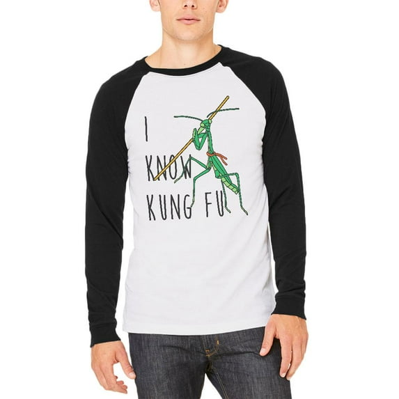 Praying Mantis I Know Kung Fu Mens Long Sleeve Raglan T Shirt White-Black 2XL