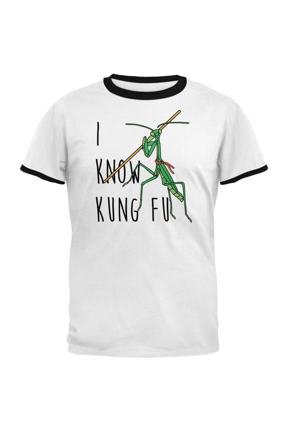 Praying Mantis I Know Kung Fu Mens Ringer T Shirt White-Black X-LG