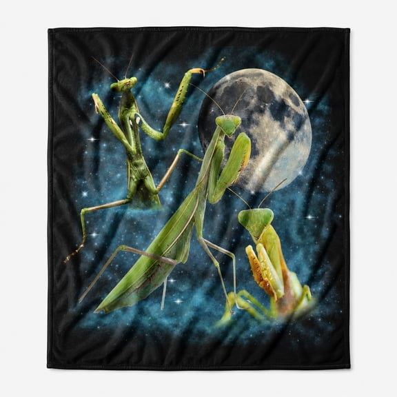 Praying Mantis Moon Fleece Blanket, 280gsm Polyester 3D Print Throw Blanket, Black Insect Space Design, Multiple Sizes