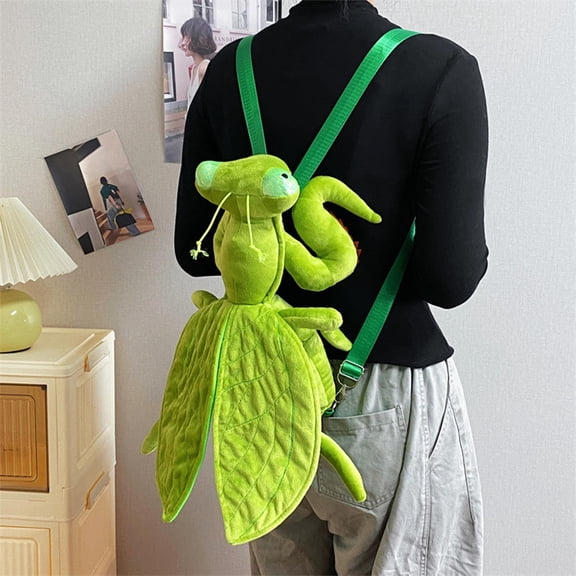 Praying Mantis Shaped Soft Stuffed Insect Backpack, Cute Outdoor Daypack for Adult Hiking Travel, Funny Bug Theme Casual Rucksack for 