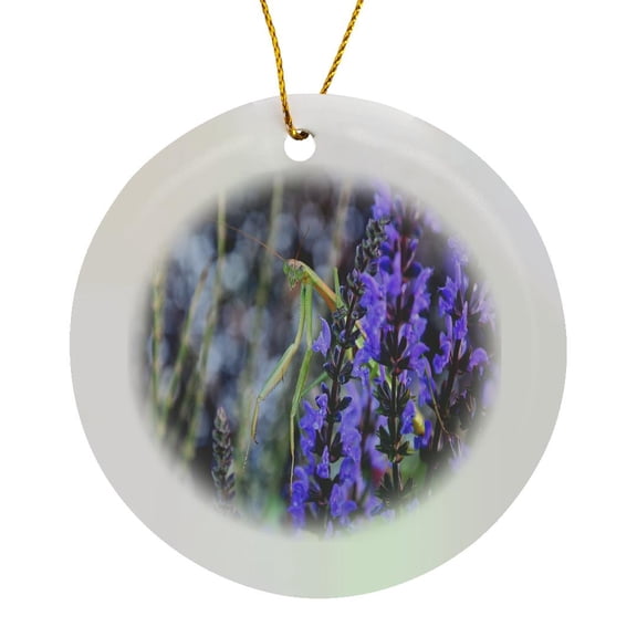 3drose, Praying Mantis Sitting in Blue Flowers, Circle Porcelain Ornament