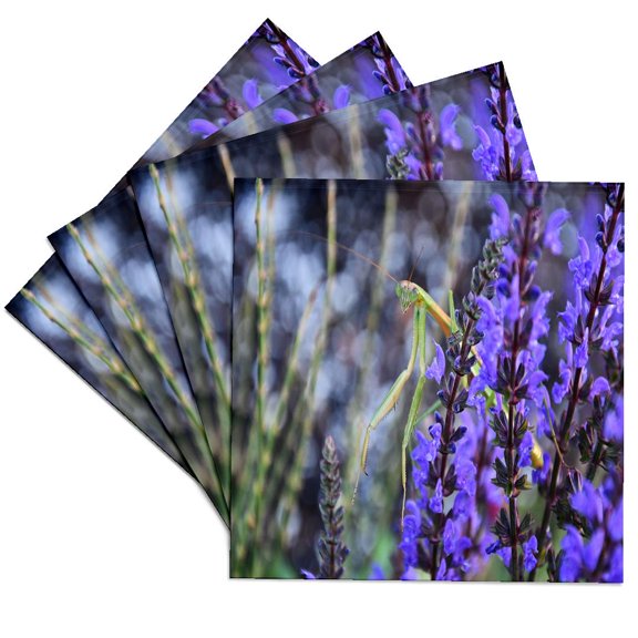 3drose, Praying Mantis Sitting in Blue Flowers, Set of 4 Ceramic Tile Coasters