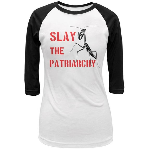 Praying Mantis Slay the Patriarchy Juniors 3/4 Sleeve Raglan T Shirt White-Black LG