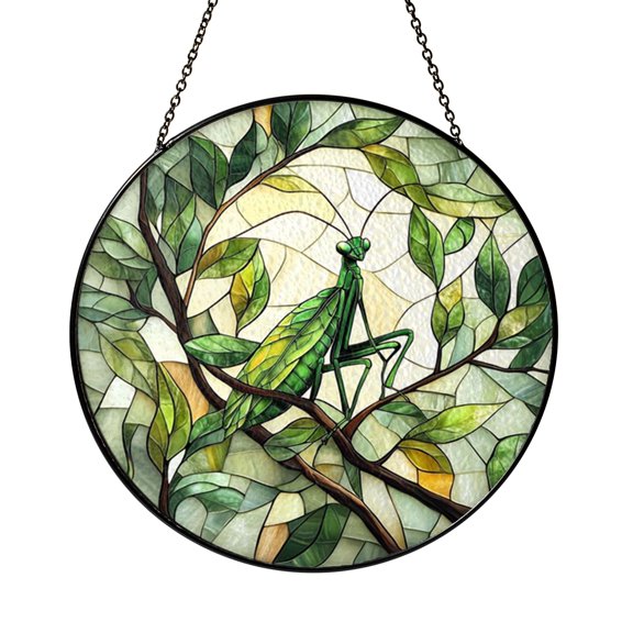 Praying Mantis Stained Glass Hanging Window Decor Rustic Insect Nature Art